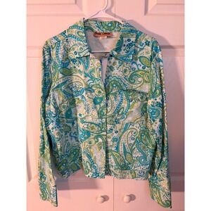 Brooke Coleman Women Teal Green Paisley Print‎ Snap Front Lightweight Jacket